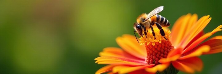 A solitary bee collects nectar from a colorful flower petal, nature, botanicals, insectlife