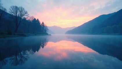 Fototapeta premium Soft focus landscape with a serene blue lake at dusk, calm, serene, misty