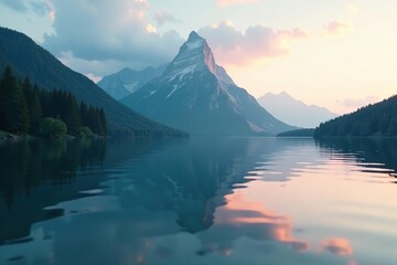 Triangular mountain shape in rippling lake water, lake, serene