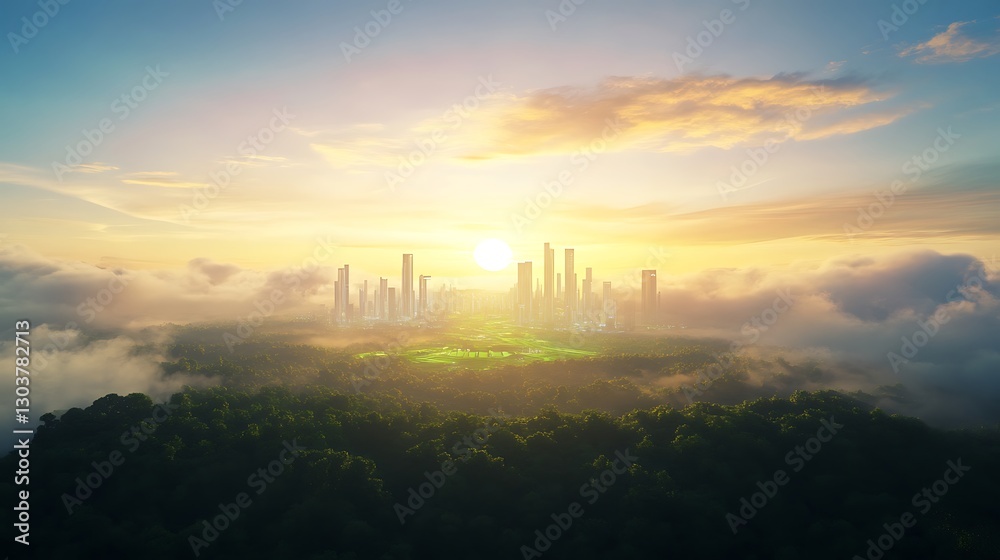 Poster ahmadwahyuutomo776@gmail.com a stunning panoramic view of a futuristic sunrise, showcasing vibrant c