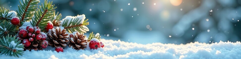 snow-covered pinecones and red berries in a winter wonderland scene, festive, garland, winter