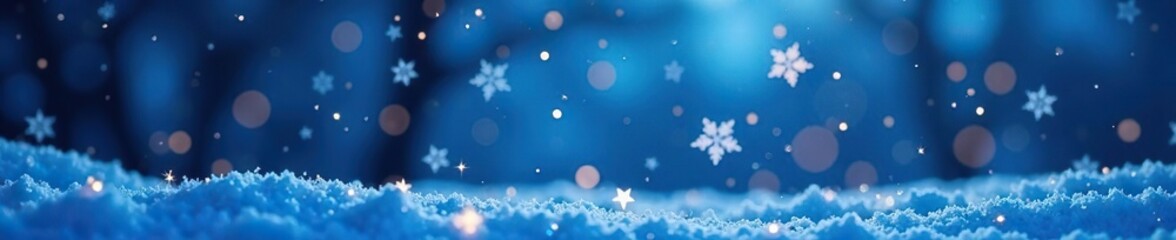 Sparkling snowflakes fall gently on a serene blue winter background, magical atmosphere, peaceful ambiance, festive night