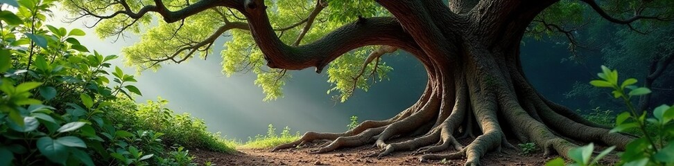 Fototapeta premium Ancient tree with gnarled trunk and sprawling roots, foliage, decay