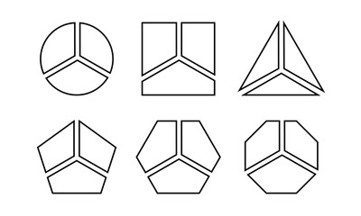 Geometric shapes divided into 3 sectors. Round, square and triangle, pentagon, hexagon and octagon forms separated into three equal parts. Diagrams or business charts. Vector outline illustration.