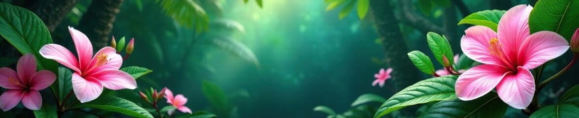 Fototapeta premium Tropical jungle background with pinkish-white flowers, vines, flowers