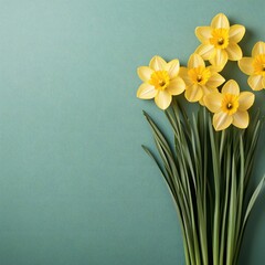 Easter Holiday, Easter Concept, Vibrant Yellow Daffodils Spring Flowers on Teal Background Floral Design