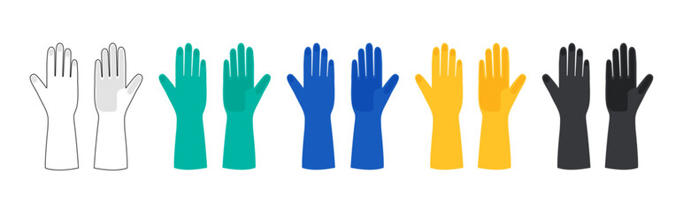 Set of rubber cleaning protective Gloves Fashion hand accessory clothing technical illustration garment. Dish wash Vector for Men, women, unisex style flat template CAD mockup cartoon style
