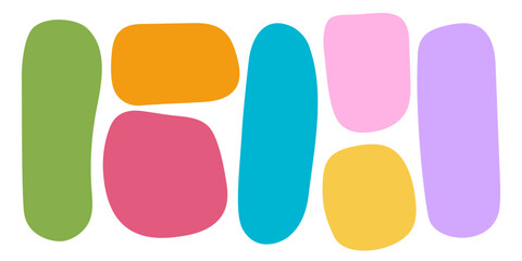 Set of cute colorful organic shapes in doodle style. Templates for textboxes, tags, speech or quote bubbles, message or dialogue frames isolated on white background. Vector flat illustration.