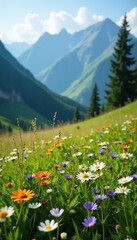 Obraz premium Peaceful alpine meadow with wildflowers swaying gently in the breeze amidst mountains, tree branches, alpine meadow, evergreen trees