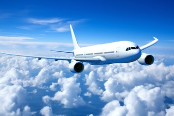 Fototapeta premium Modern Passenger Airplane Soaring Through a Bright Blue Sky with Fluffy White Clouds Landscape