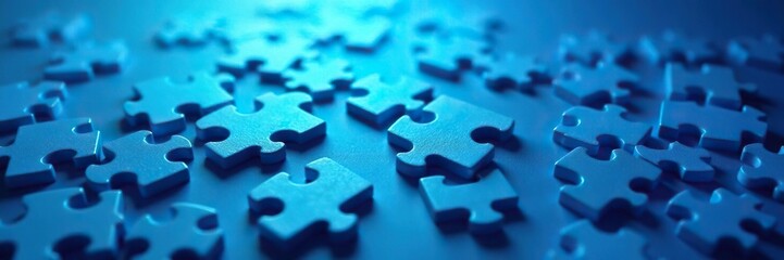 gradient blue background with scattered puzzle pieces, puzzle, goal, art