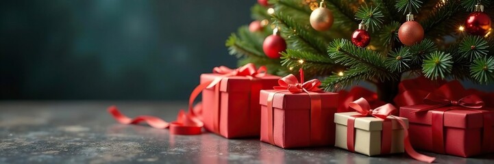 Piles of gift boxes and ribbons under the festive Christmas tree, festive colors, gift boxes, Christmas tree