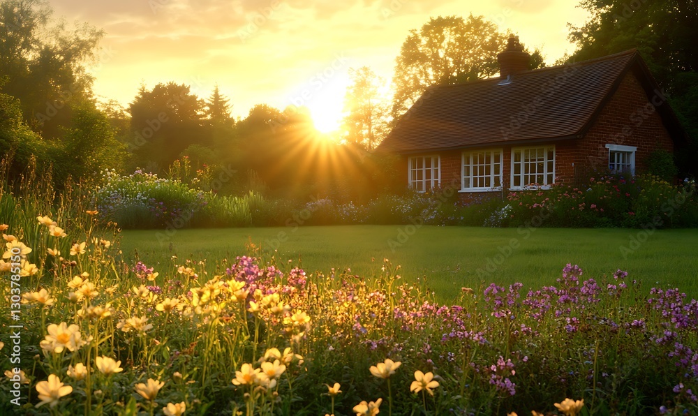 Aufkleber ahmadwahyuutomo776@gmail.com a quaint countryside cottage surrounded by flowers captured in a serene