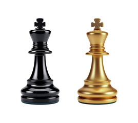 Classic Chess King Pieces in Black and Gold with Polished Metallic Finish, Premium Strategy Game Figures Standing Together Isolated on Transparent and White Background
