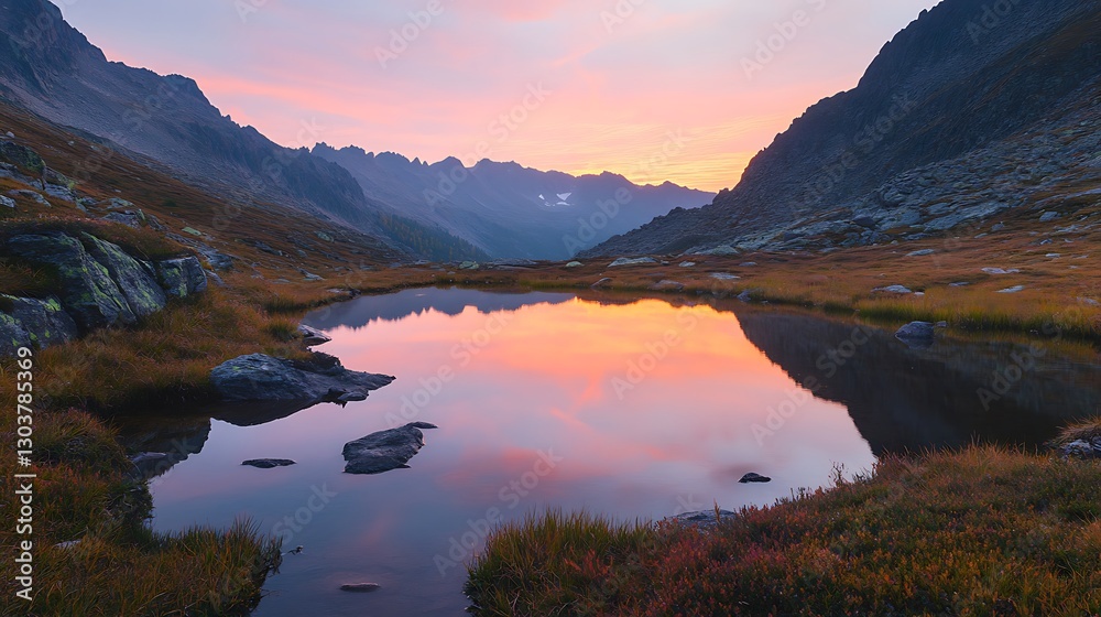 Poster ahmadwahyuutomo776@gmail.com A serene mountain lake at dawn, capturing beautiful reflections in tranquil waters.