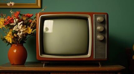 Vintage television with flower vase in retro setting