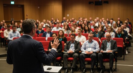 Speaker addressing a diverse audience at a conference.  Engaging presentation in a modern setting.