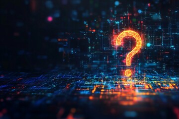Digital Question Mark Abstract Technology Background Futuristic Neon Glowing Lines Circuit Board Data Network Innovation Concept Cybersecurity Problem