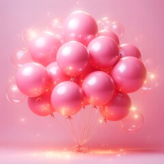 Bunch of Several Bright Pink Helium Inflatable Birthday Air Luftballons Balloons with Strings Flying Floating for Happiness Party Holiday Celebrations with Pink Background with Copy Space Photoshoot