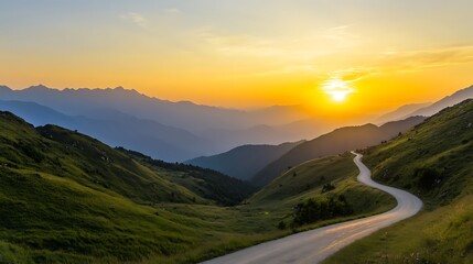 ahmadwahyuutomo776@gmail.com Scenic mountain road under a golden sun, perfect for travel and nature photography.