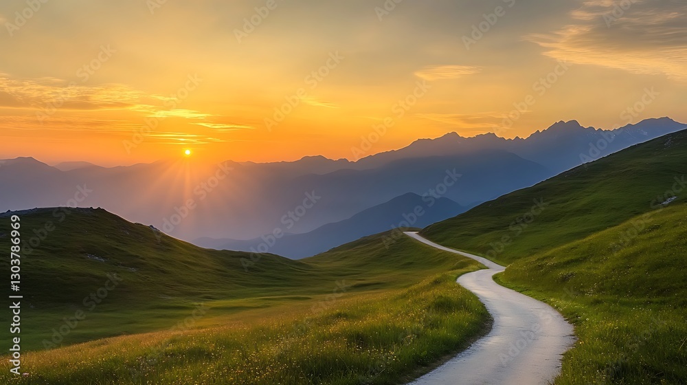 Poster ahmadwahyuutomo776@gmail.com A scenic mountain road under a golden sun, perfect for travel and nature enthusiasts.