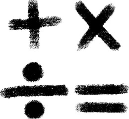 Hand drawn mathematics symbols. Vector illustration. Plus, minus, division and equal sign. Symbol brush stroke.