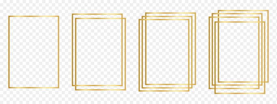 Set of golden rectangle frames. Shiny rectangular borders, glossy decorative frameworks, design elements for banners, greeting or wedding cards isolated on transparent background. Vector illustration.