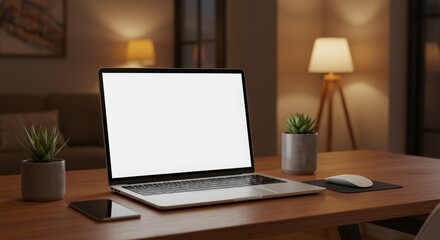 Laptop with blank screen on wooden desk at night. Cozy home office.