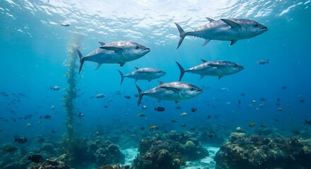 Obraz premium Swimming Tuna School Underwater in Clear Blue Ocean with Coral Reef