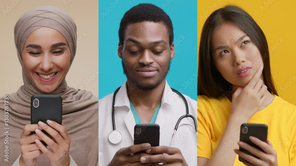 Poster three people are engaged with their smartphones, displaying a mix of focus and enjoyment. they repre