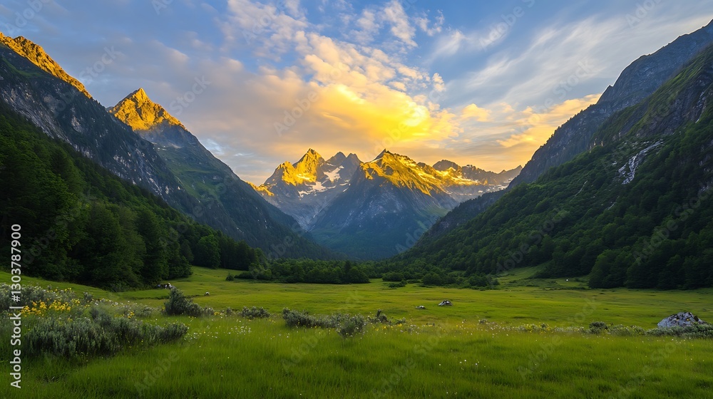 Aufkleber ahmadwahyuutomo776@gmail.com a scenic mountain valley at sunrise with golden light illuminating the 