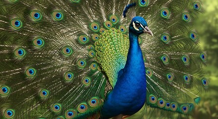 Obraz premium Peacock Displaying Feathers with Vivid Colors and Intricate Eye Patterns