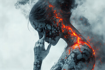 A surreal artistic depiction of a woman whose skin is cracking like lava, symbolizing inner strength, emotion, and transformation.  