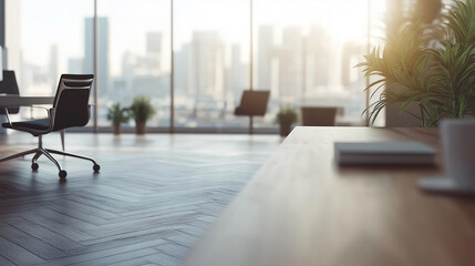A modern corporate office with panoramic city views and natural light.