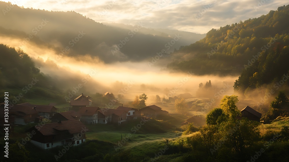 Poster ahmadwahyuutomo776@gmail.com a tranquil morning scene of a small village nestled in a valley, showca