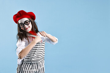 Cute girl dressed like mime on light blue background, space for text. Surprise party