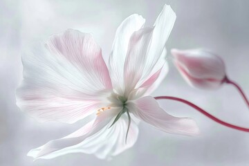 Obraz premium blossoming Cosmos flower, its white and pink gradient petals in sharp focus against a blurred background