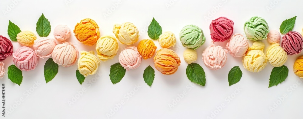 Wall mural an assortment of colorful ice cream scoops arranged in perfect lines on a white background
