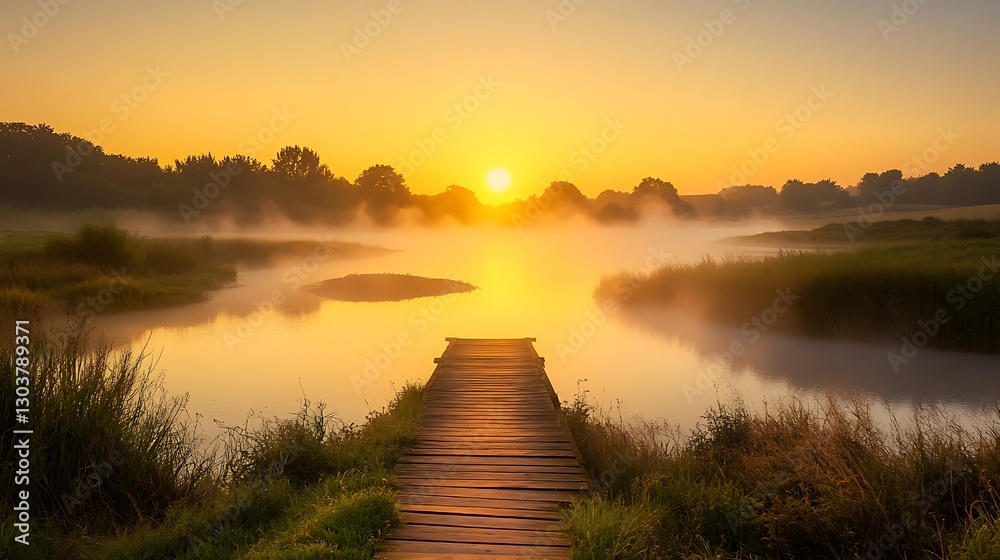 Poster ahmadwahyuutomo776@gmail.com a foggy river scene featuring a small wooden bridge at sunrise, capturi