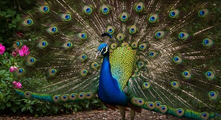 Obraz premium Peacock Displaying Plumage with Colorful Feathers in a Garden Setting