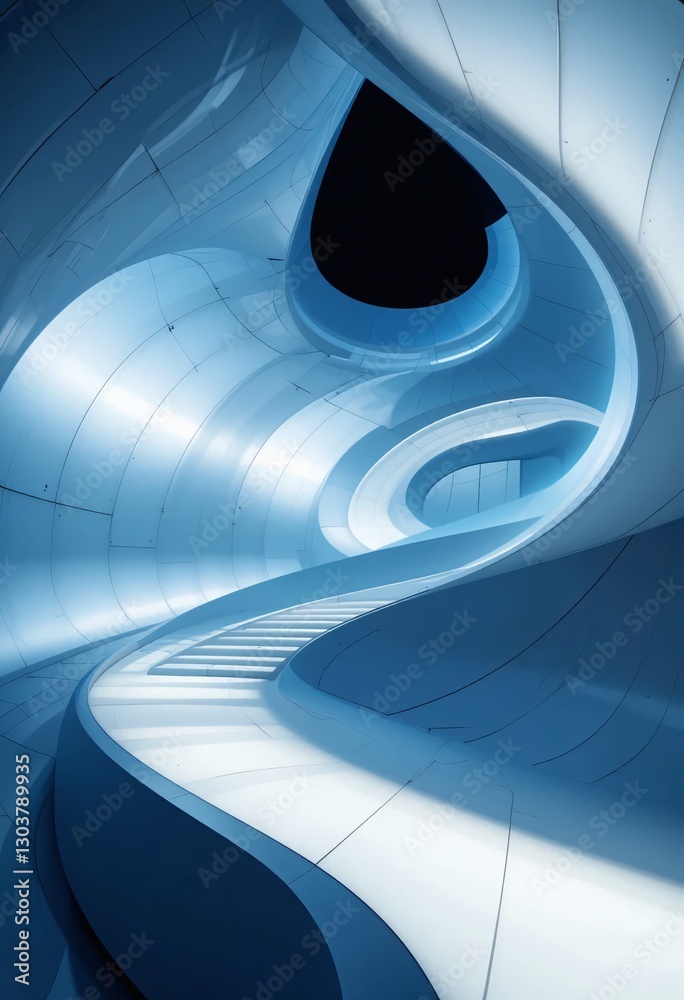 Poster futuristic interior design. fluid architecture features. smooth blue tones reflect light. a winding 