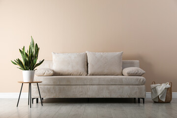 Comfortable sofa with pillows, houseplant and basket near beige wall