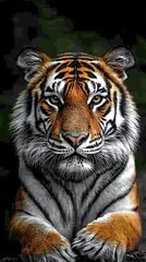 Fototapeta premium Tiger portrait looking straight with dark forest background