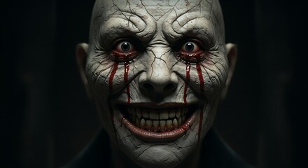 Obraz premium Creepy Face with Cracked Skin and Blood Tears Halloween Concept