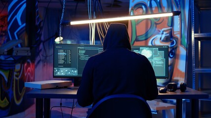 Hacker devising plan, coding malware designed to exploit network backdoors, bypassing security...