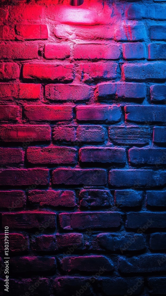 Poster a textured brick wall is illuminated by dynamic shades of red and blue, creating an energetic atmosp