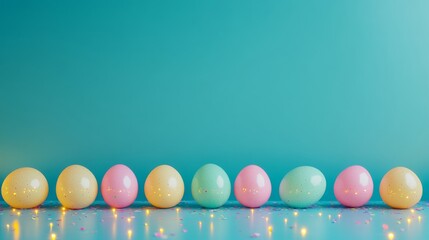 Obraz premium Top view of glowing confetti and vibrant multicolored easter eggs arranged in a row on teal background with copy space, festive spring holiday decoration concept