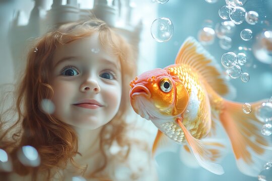 Adorable Little Girl Watching a Beautiful Orange Goldfish Swimming in a Clear Aquarium Tank Bubbles Background Child and Pet Underwater Scene Sweet   