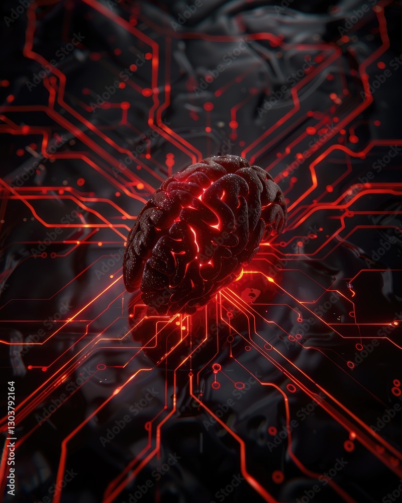 Poster futuristic brain visualization with circuit patterns and red lights