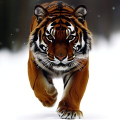 Obraz premium Tiger Walking in Snow, Forest Backdrop, Wildlife Stock